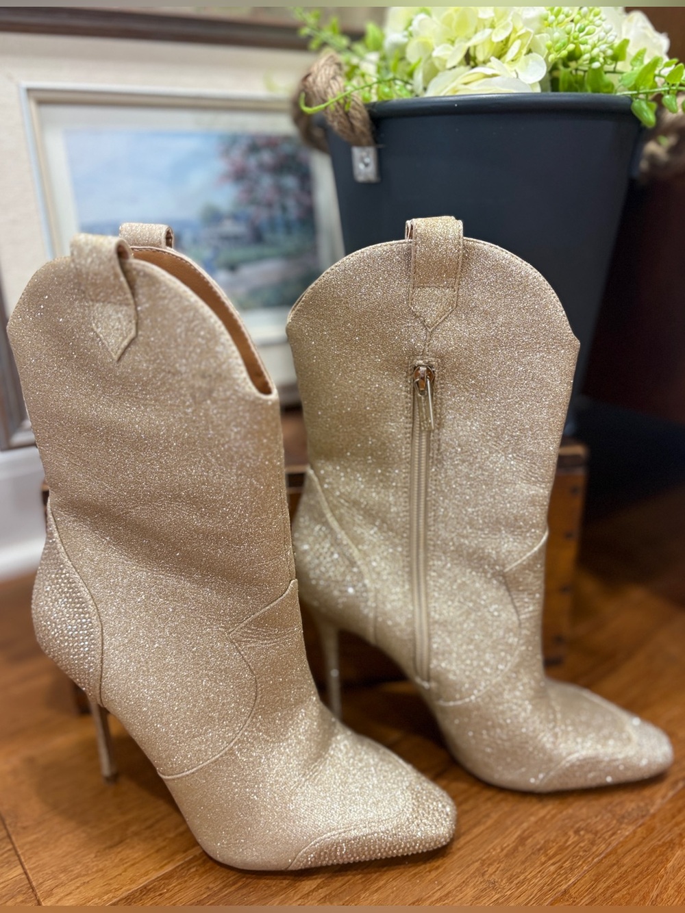 Jessica Simpson Cicee Boot Gold Western Glitter Stiletto High Ankle Stiletto 7 - Picture 4 of 13
